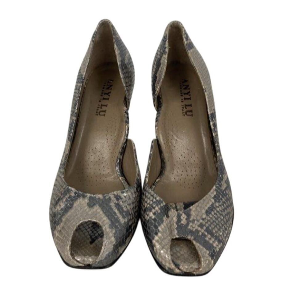 Anyi Lu Metallic Snakeskin Peep Toe High Heel Pumps 38.5